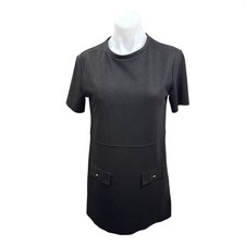 Zara Black Short Sleeve Crew Neck T Shirt Tee Shift Faux Pocket Mini Dress Sz S