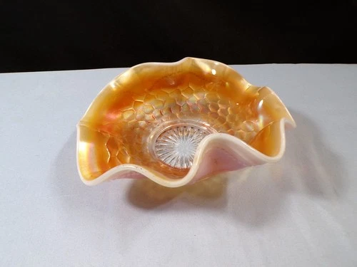 Vintage Dugan Peach Opalescent Carnival Glass Honeycomb Variant Bowl