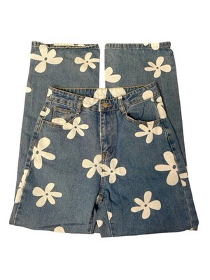 Daisy Blue Jean Floral Print Women's Wide Leg Straight High Rise Jeans size 4/26