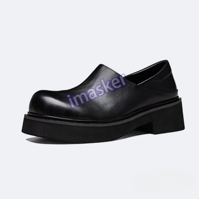 Men's Mid Heel Big Round Toe Dress Formal 100% Real Leather Platform Derby Shoes