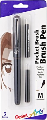 Pentel Arts Pocket Brush Pigment Ink Pen w/Refills - (1) Pocket Brush Pen, (2) P