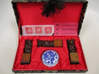 Chinese 3 Stamp Seal Set Good Luck Prosperity & Longevity