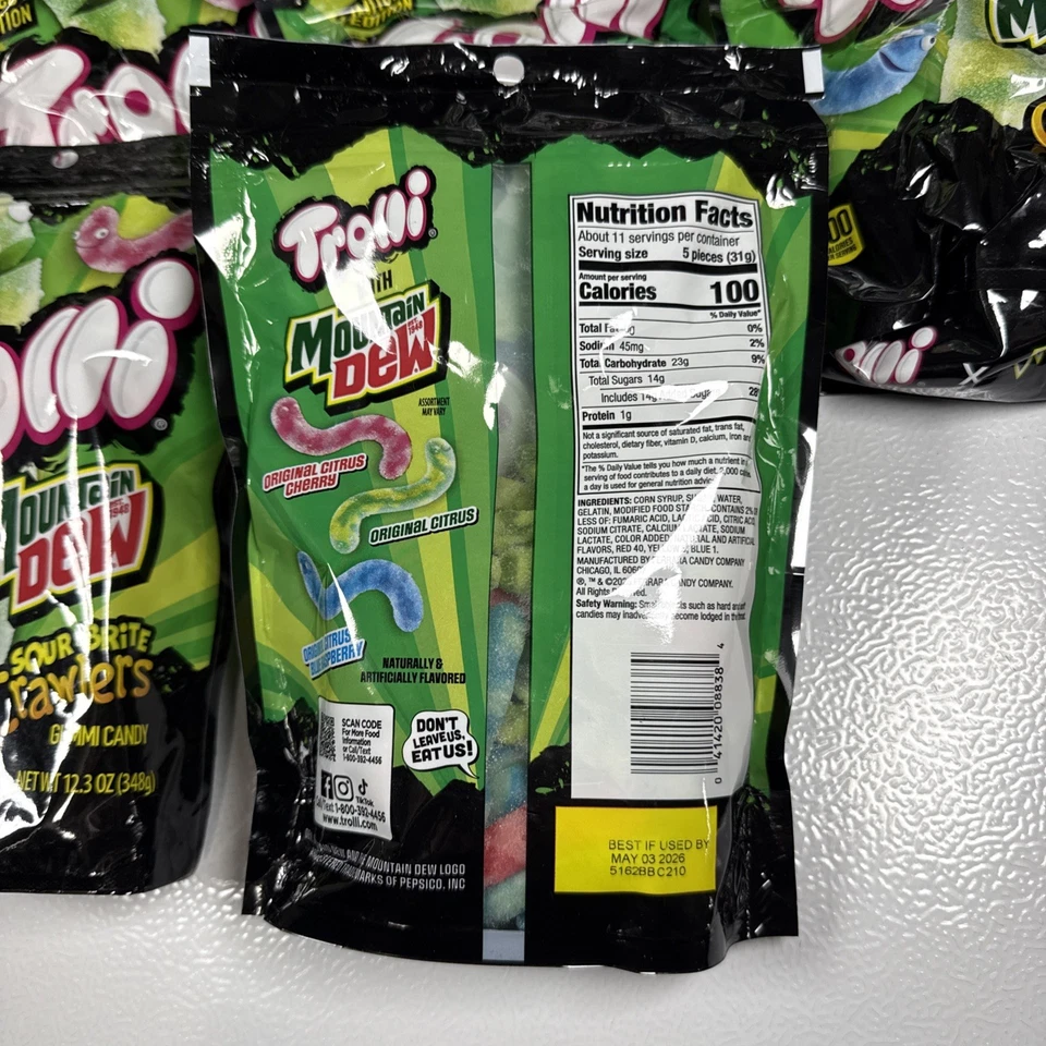 10 Packs W Tray Trolli Mountain Dew Sour Brite Crawlers Gummy Worm Candy 4.25 oz - Image 3 of 3