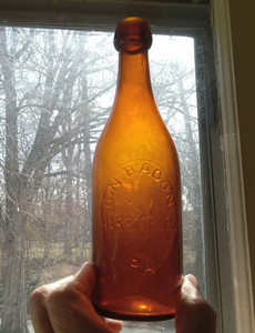 HARRISBURG,PA G.N.BACON 1880s APPLIED BLOB TOP AMBER BEER BOTTLE NICE