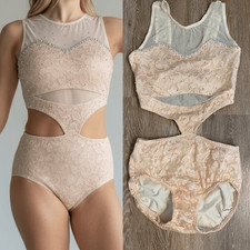 Reverence Custom solo stoned dance costume peach blush lace cutout leotard MA