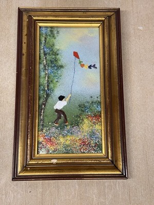 Caron Enamel on Copper Painting Boy with Kite 6.5x3.5 Gold Frame Mid Century Art