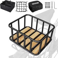 Bike Basket Rear Bamboo Base Bicycle Basket W/ Rainproof Cover Liner  Cargo Net