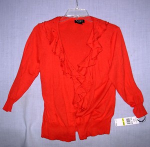 New-NUE-OPTIONS-Petite-women-039-s-sz-PM-sweater-flame-red-cardigan-ruffled-collar
