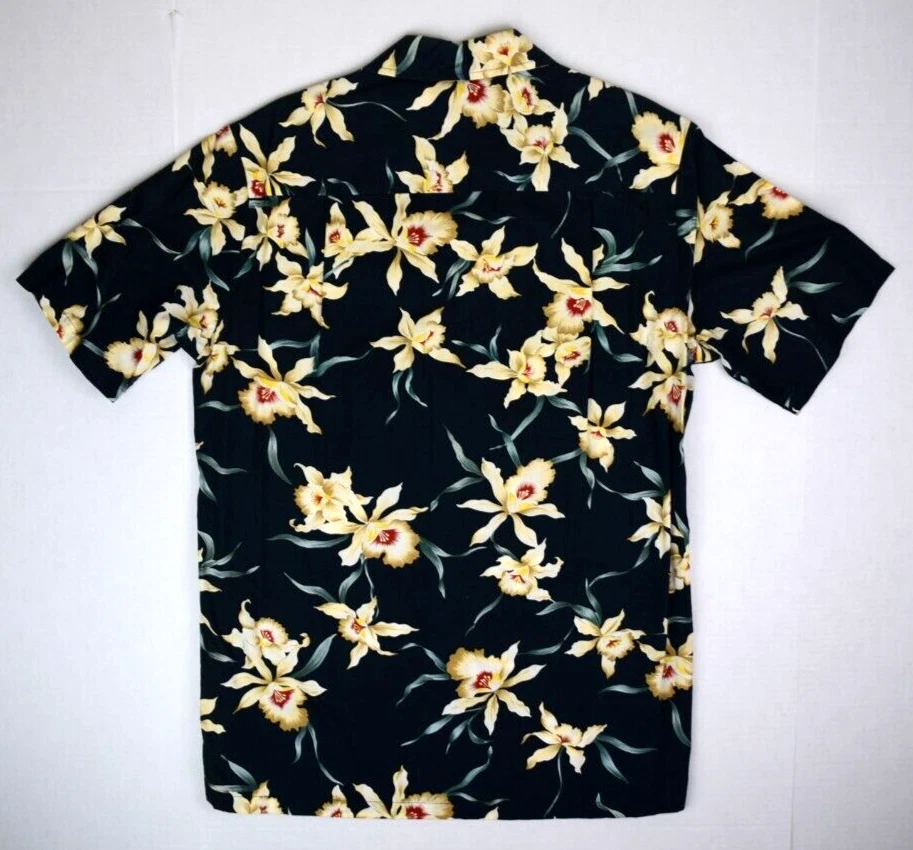Camisa Hawaiana De Colección Paraíso Encontrada Talla M Años 80 Negra Estrella Orquídea Magnum PI c.1983-88 Foto 3 de 4