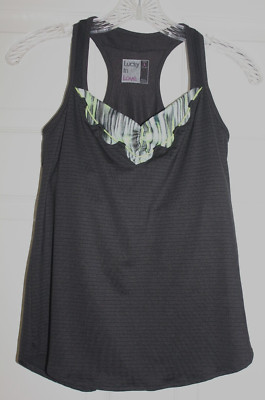 Lucky In Love Tennis tank top SM 4-6 black white lime green layered pickleball