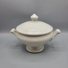 Bombay Company Double Handled Covered Dish W/ White On White Raised Slip Design