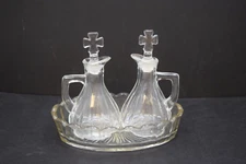 Older Glass Church Cruet Set, 2 Cruets with Tray, Antique (CU230) chalice co