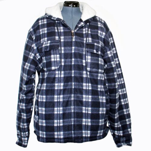 Heavy Thick Flannel Blue Plaid Jacket Sherpa Fleece Lined Hoodie Men's Large
