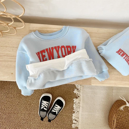 Conjunto de 2 piezas de ropa de invierno para bebés niños cálido terciopelo informal impresión de letras conjunto para niños - Imagen 16 de 39