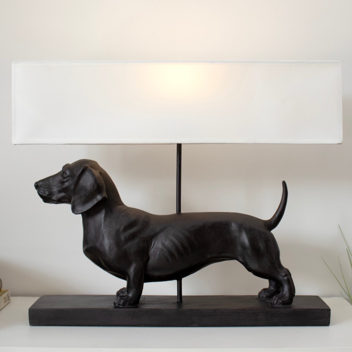 Dachshund Table Lamp Brown Resin Rectangular White Shade Large