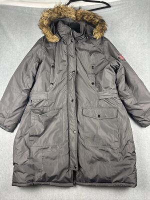 VINTAGE Rocawear Jacket Womens 1X Parka Gray Long Y2K Faux Fur Hood Insulated