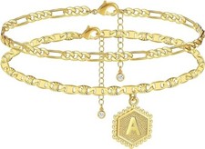 Initial Ankle Bracelets for Women, 14K Gold Plated Double Layered Initial nice