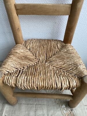 Petite Chaise Enfant En Bois Et Paille – Vintage – Vert – Hauteur 49cm
