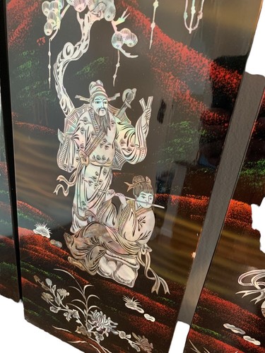 3 Vintage Asian Chinese MOTHER OF PEARL Black Lacquer Wall Plaque Panels 19.5”x8 - Picture 10 of 17