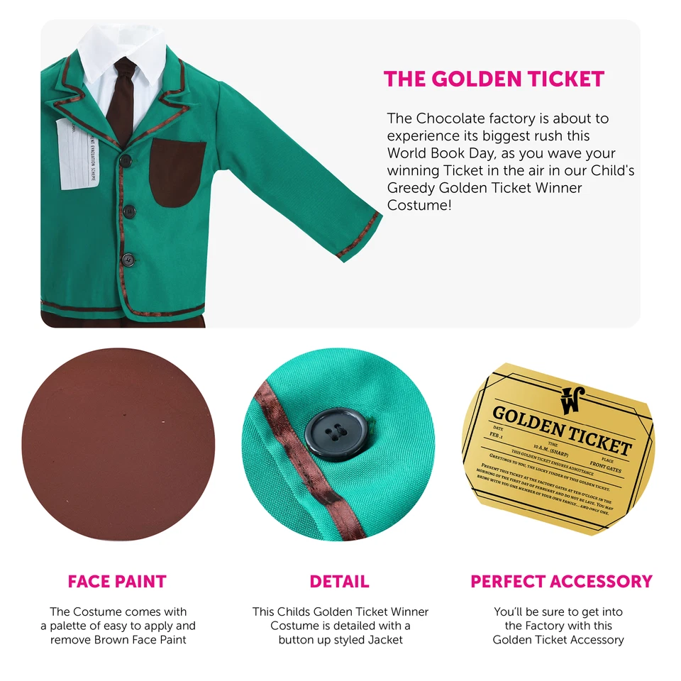 WORLD BOOK DAY CHILDS GREEDY GOLDEN TICKET WINNER FANCY DRESS COSTUME UNISEX - Image 2 of 4