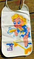 VINTAGE CLOTH ADULT SIZE COMICAL BIBS CUTE PRINT CARICATURE WOMAN SPILLING JUICE