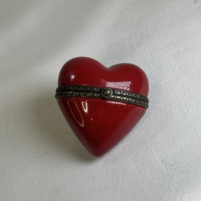 Red Heart-Shaped Porcelain Trinket Box Brass Accents Hinged Lid Midwest #S-3