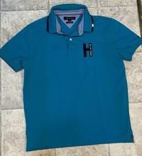 Tommy Hilfiger Men's Short Sleeve Polo Shirt Turqoise, Slim Fit Large,