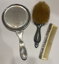 Antique Silver Plated 3 Piece Vanity Set Mirror, Brush  Comb