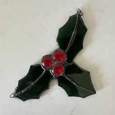 VTG Handmade Christmas Stained Glass Holly Berry Ornament Sun Catcher