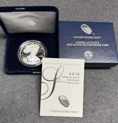 2018-W GEM PROOF American Silver Eagle Dollar w/ Box COA, $1 U.S. .999 Coin ASE