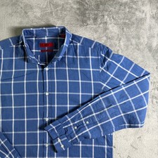 HUGO BOSS Men Blue White Plaid Extra Slim Fit Long Sleeve Button Down Shirt Sz S