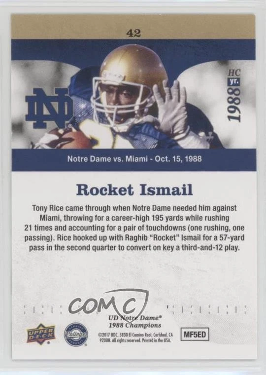 2017 Upper Deck Notre Dame 1988 Championship Gold Rocket Ismail #42 - Image 2 of 2
