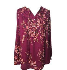 DR2 Burgundy Floral Button-tie Front Chiffon Flowy Blouse Long Sleeve Large L