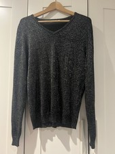 Cotton Traders Black Sparkly Jumper Size 20 XL Metallic V-Neck Glitter Knit Top