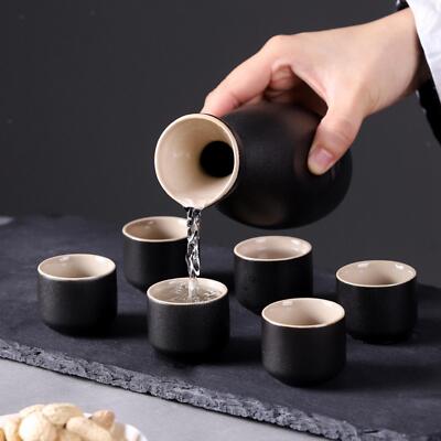Vintage Ceramic Sake Pot Cups Set with 6 Cups Groove Design Gift