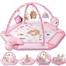 Baby Gym Play Mat - Tummy Time Mat Washable Baby Activity Mat Ball Pit w/ 6 Toys
