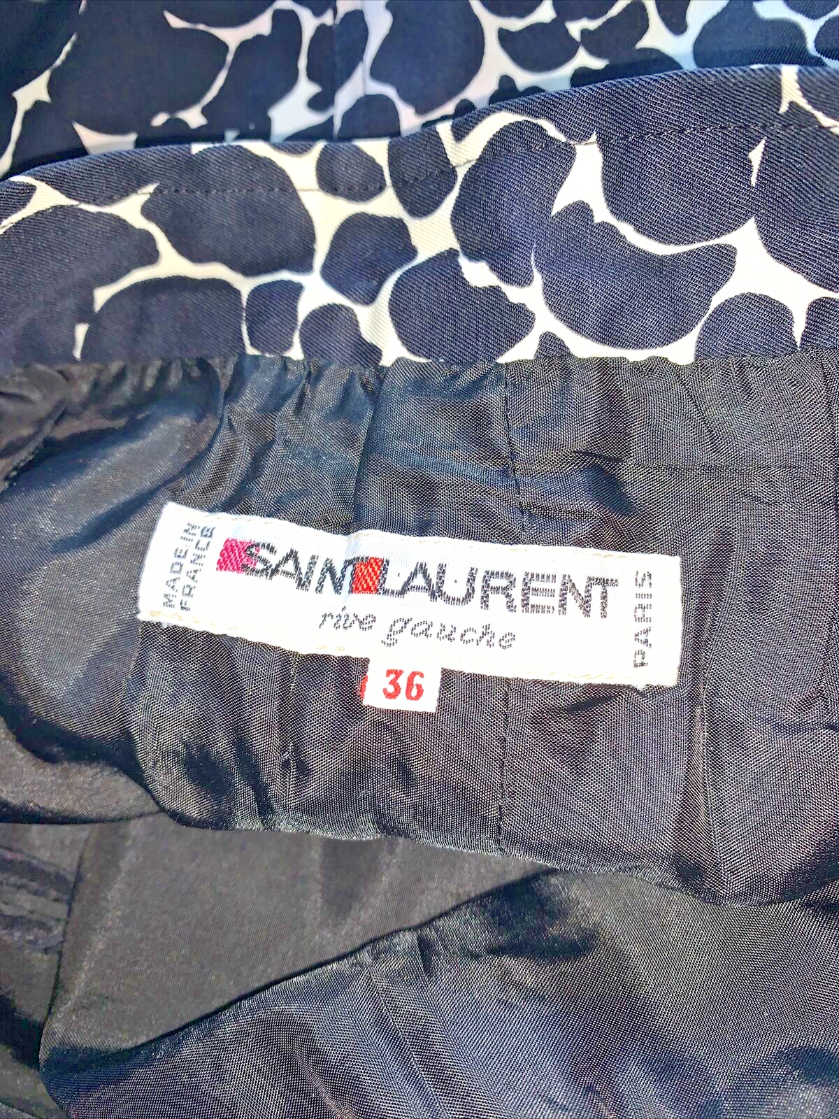 SAINT LAURENT Minigonna vintage Yves Saint St Laurent YSL Rive Gauche nero bianco stampa 36 0