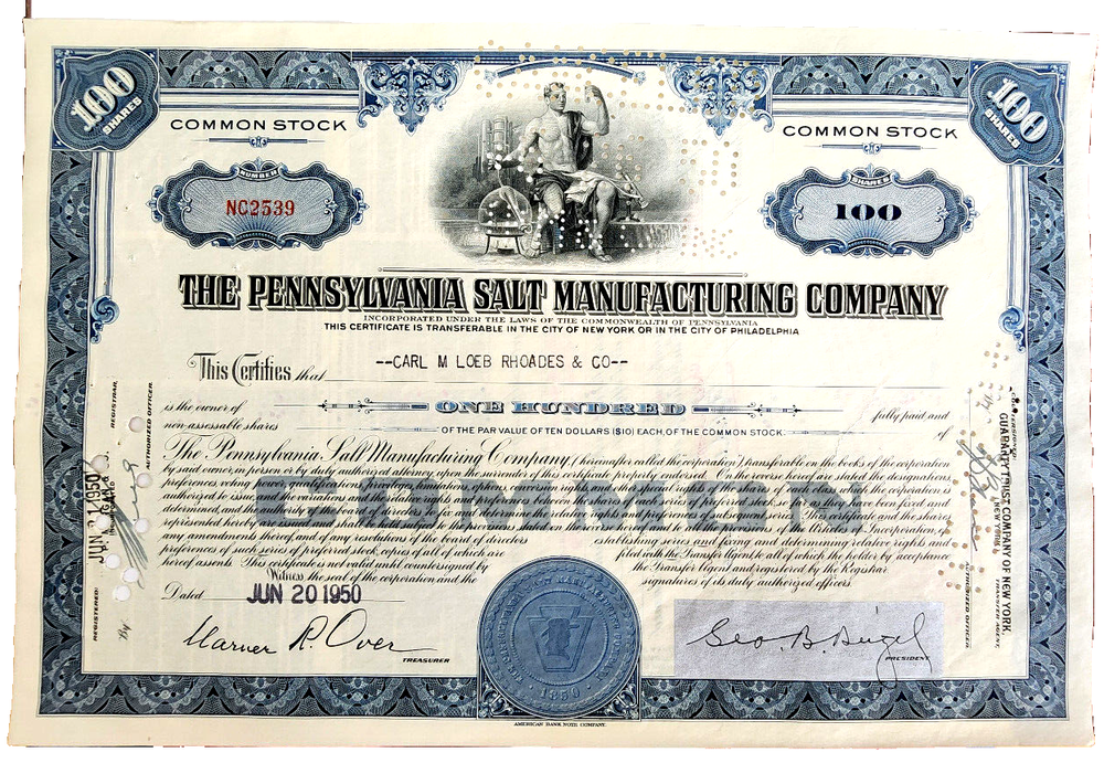 1950 Pennsylvania Salt Manufacturing Stock Certificate 100 Shares Carl M Loeb