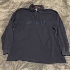 VTG Tommy Hilfiger Polo Shirt Men  s 2XL Blue Long Sleeve Embroidered Spellout
