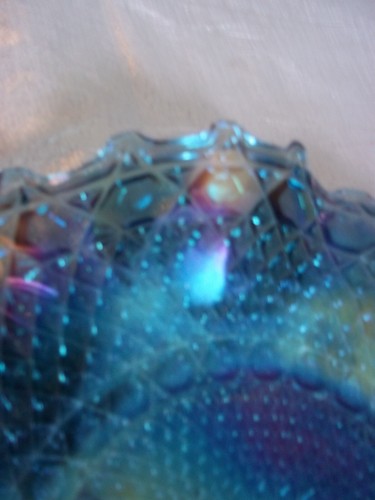 Indiana Blue Iridescent Carnival Glass Ruffled Rim Shallow Bowl Diamond Pattern - Picture 12 of 14