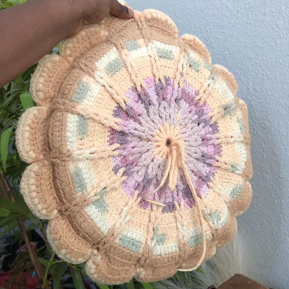 Handmade Round Granny Crochet Pillows MCM Pink Green Retro Cottagecore Fairycore - Image 4 of 4