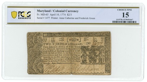 1774 2/3rds of $1 Maryland Colonial Currency Fr. MD-65 PCGS F15 (63062)