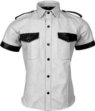 Men's Real Leather Police Shirt Gay Biker Schwarz Cuir Lederhemd White Shirt