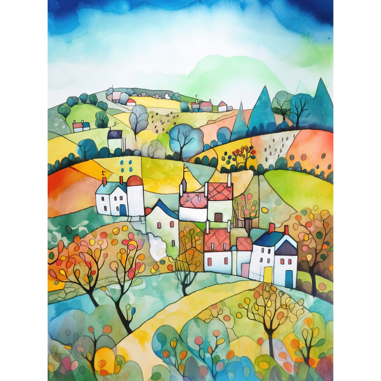 English Country Rural Landscape Modern Folk Art Huge Wall Art Poster Print Giant