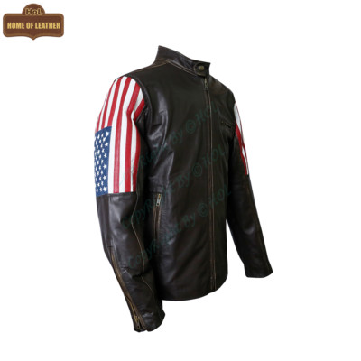 Herren USA Flagge Cafe Racer Vereinigte Staaten von Amerika Biker Leder Distressed Jacke