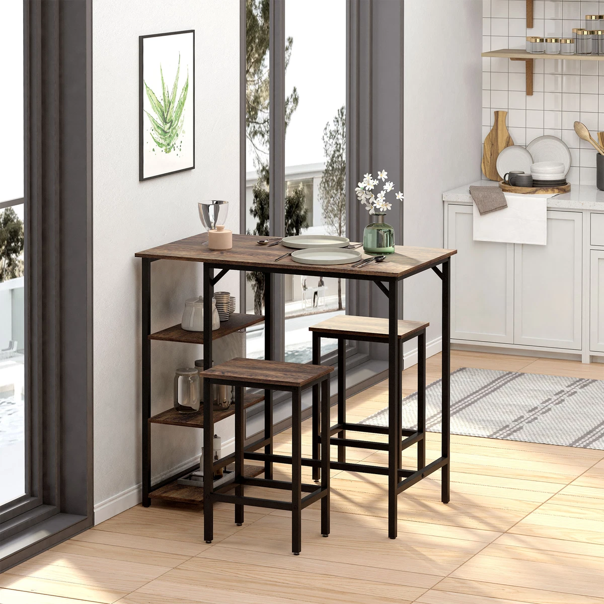 Bar Height Dining Table Set With 2 Stools Side Shelf 3 Pieces