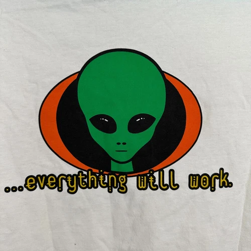 Rare Yahoo! Y2K Space Alien T-Shirt "In The Future Everything Will Work" X-Large