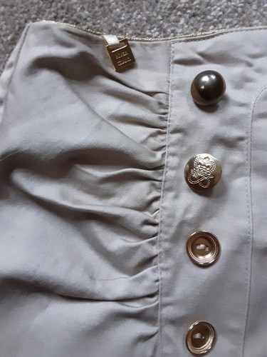 River Island Beige Fitted, Panel, Ruched Pencil Skirt Gold Buttons Size 10. 36 - Picture 3 of 6