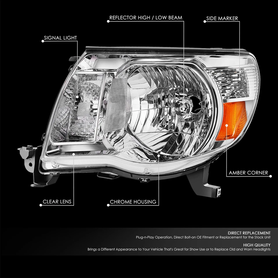 Ajuste 05-11 Toyota Tacoma lado izquierdo del conductor cromo carcasa faro lámpara estilo OE Foto 2 de 4