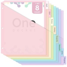 Pastel Binder Dividers with Pockets   8-Tab Durable Plastic Dividers for 3-Ring